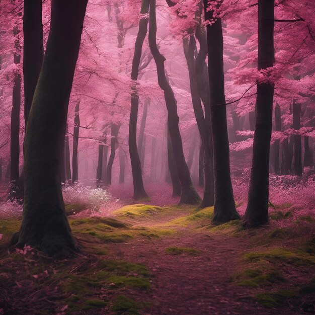 AI generated illustration of a path winds through a misty forest with pink trees