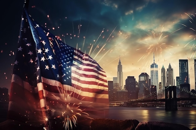 Ai generated illustration Patriotic spirit of the United States flag against a colorful fireworks