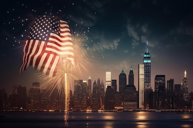 Ai generated illustration Patriotic spirit of the United States flag against a colorful fireworks