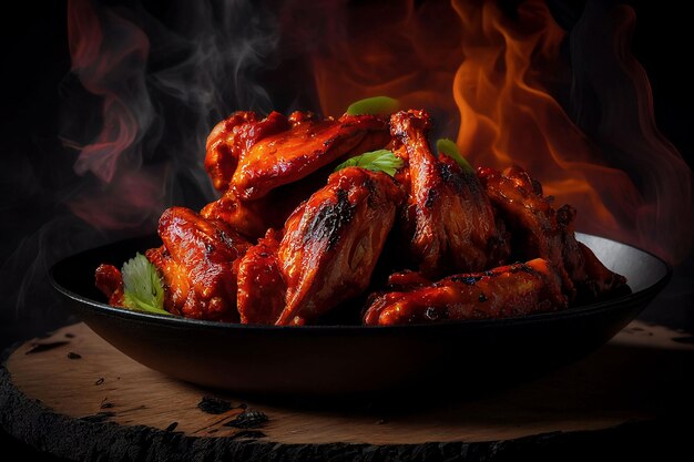 AI generated illustration of a plate of hot chicken wings with flames in the background