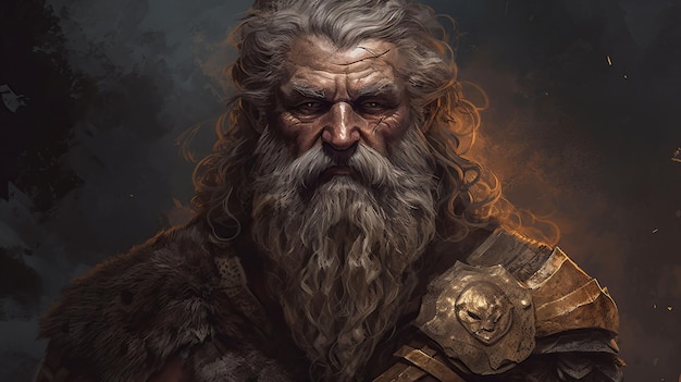 AI generated illustration of A portrait of a mature male with a long beard and hair