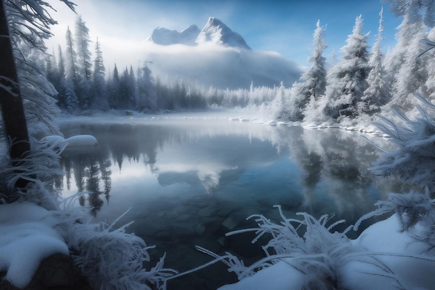 AI generated illustration of pristine winter landscape with  snow-covered forest and a tranquil lake