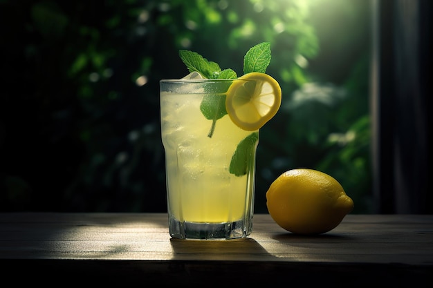 Ai generated illustration of selective focus of A glass with ice and lemon on a table