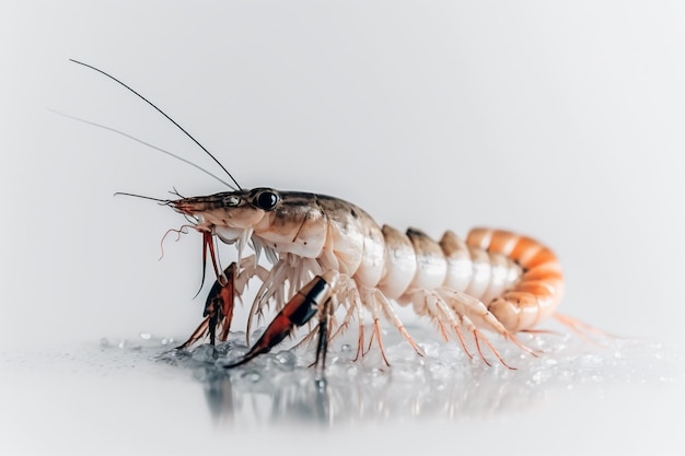 AI generated illustration of shrimp perching on wet white surface