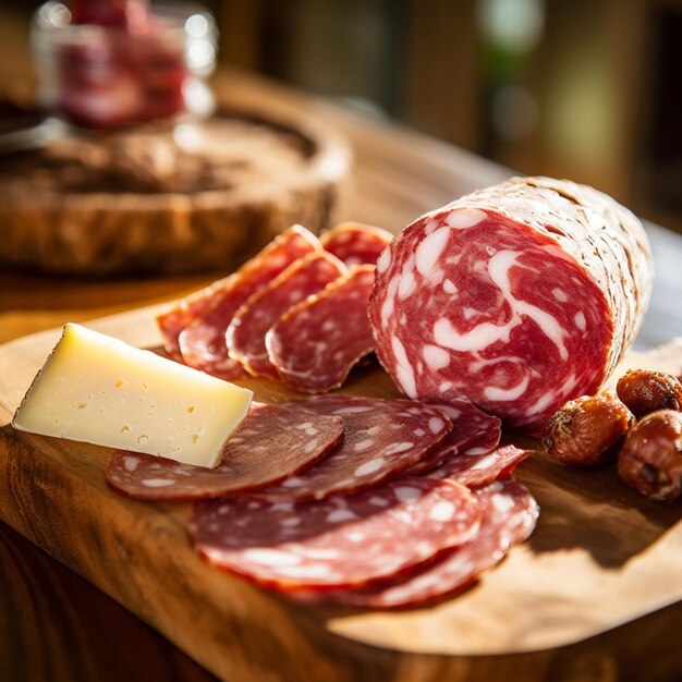 AI generated illustration of sliced salami and cheese arranged on a wooden tray on a table