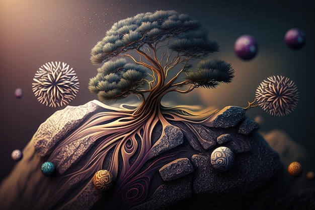 Photo ai generated illustration of a small lush tree and its roots on a rocky hill on dark background