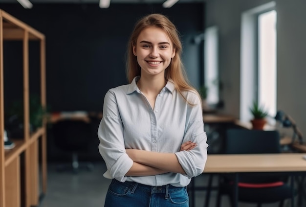 AI-generated illustration of a smiling young woman standing confidently, her arms casually folded.