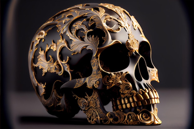 AI generated illustration of a stylized black and gold skull with patterns detailing its surface