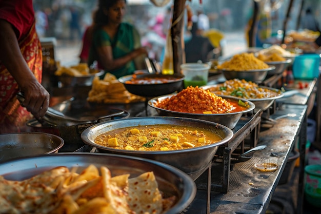 AI generated illustration of a traditional indian street food stand with delicious snacks and treats