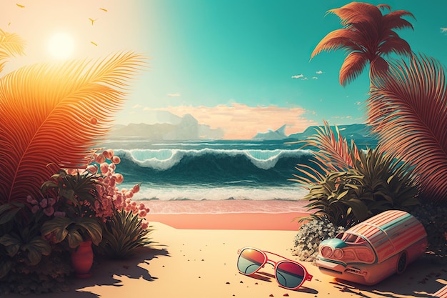 Ai generated illustration of tropical island with beach sunglasses and portable speaker