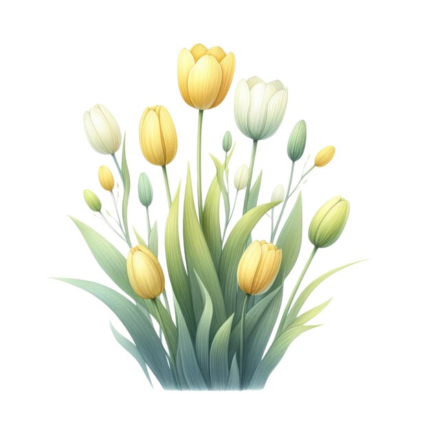 AI generated illustration of tulips in different colors on a white backdrop with green leaves