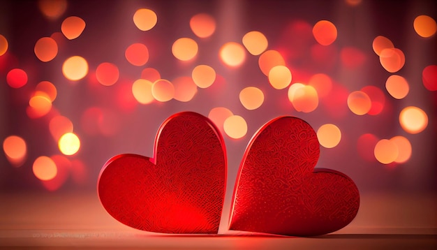 AI generated illustration of two red hearts agaisnt bokeh lights