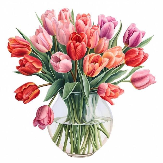 AI generated illustration of a vase with various shades of pink and red tulips