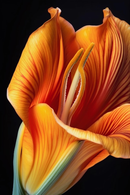 An AI generated illustration of a vertical shot of an orange lily against a black background