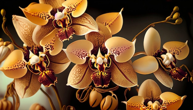 An AI generated illustration of a vibrant and colorful image of a bouquet of golden orchids