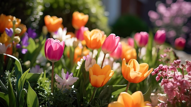 AI generated illustration of a vibrant and colorful springtime tulips in the garden