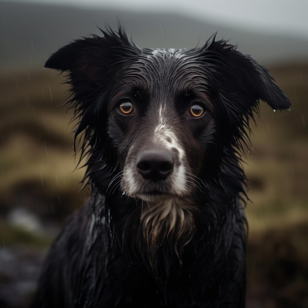 AI generated illustration of a wet Border collie dog in a field