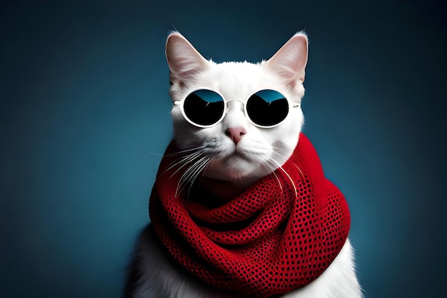 AI generated illustration of a white domestic cat wearing sunglasses and a red scarf