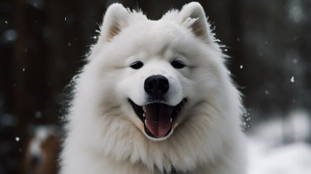 AI generated illustration of A white Samoyed smiling with a blurry background