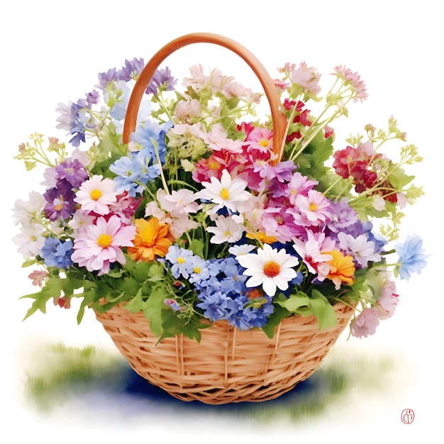 AI generated illustration of a wicker basket filled with a selection of multicolored flowers