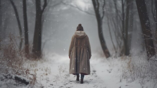 AI-generated illustration of a woman in a coat strolling along a pristine snowy path.