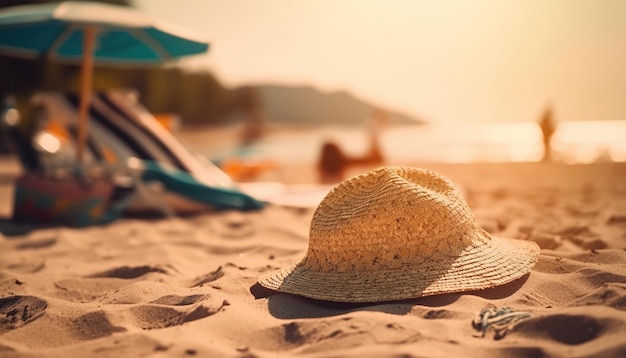 Ai generated illustration of women's summer straw hat on beach sand