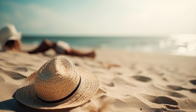 Ai generated illustration of women's summer straw hat on beach sand