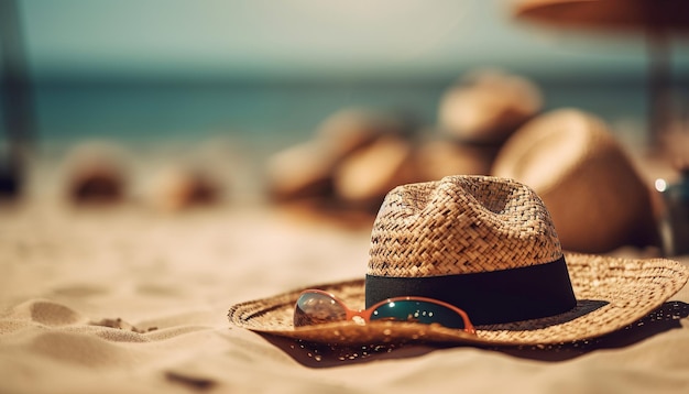 Ai generated illustration of women's summer straw hat on beach sand