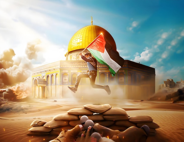 An AI-generated illustration of a young boy running with the Palestine flag in front of a mosque