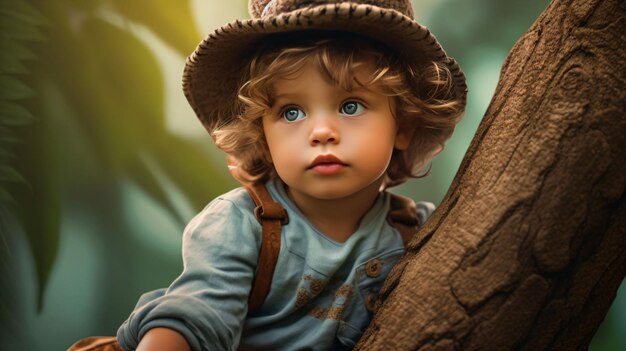 AI generated illustration of a young boy wearing a hat atop a large tree