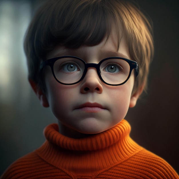 AI-generated illustration of a young boy with glasses wearing an orange turtleneck sweater.