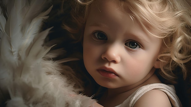 AI generated illustration of a young female child with white feathers in hand