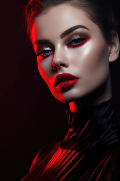 An AI generated illustration of A young female  with bright red makeup is posed against a dark background