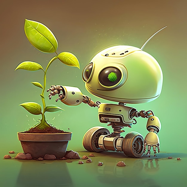 ai generated illustrution cute modern robot is engaged in gardening