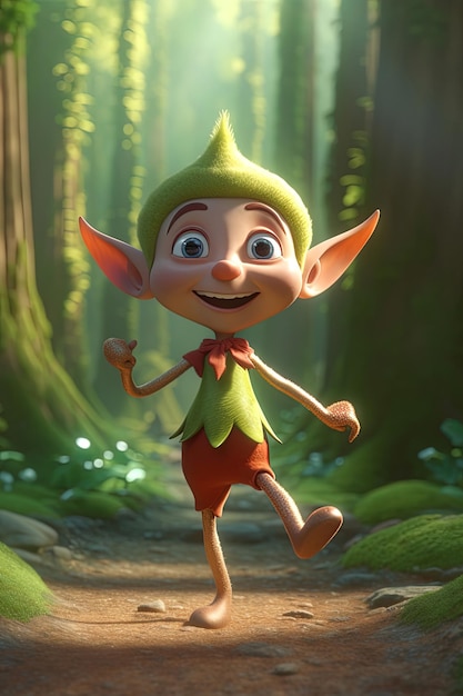 AI generated image Adorable happy young elf dancing in a forest