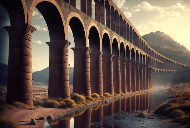 AI generated image of an ancient ruined Roman aqueduct