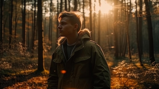 AI generated image Attractive unknown young man walking through a forest