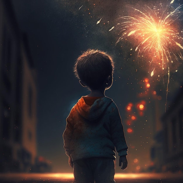 Ai generated image back view of child enjoy watching firework