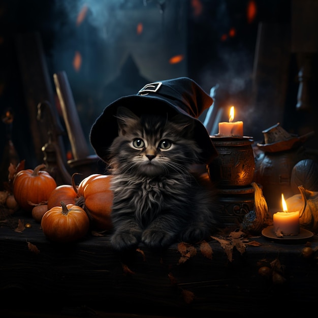 Ai generated an image of a cute realistic witch black cat with blue eyes