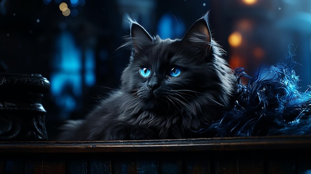 Ai generated image of a cute realistic witch black cat with blue eyes