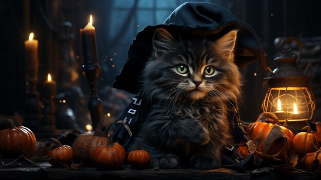 Ai generated image of a cute realistic witch black cat with blue eyes