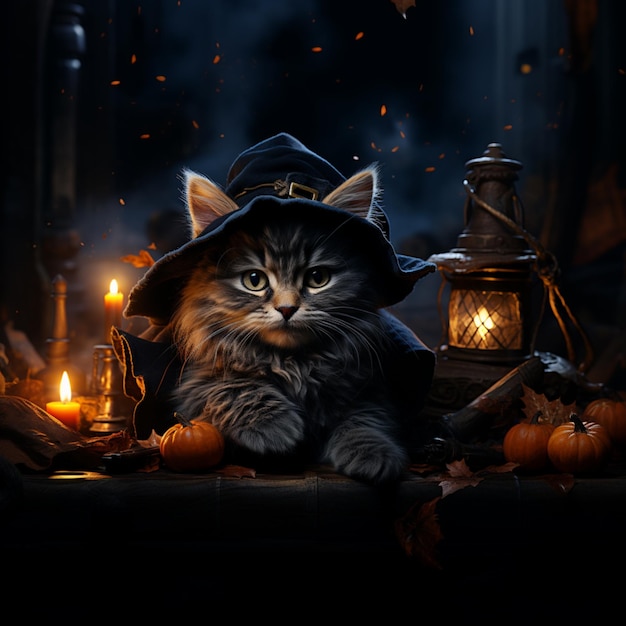 Ai generated image of a cute realistic witch black cat with blue eyes