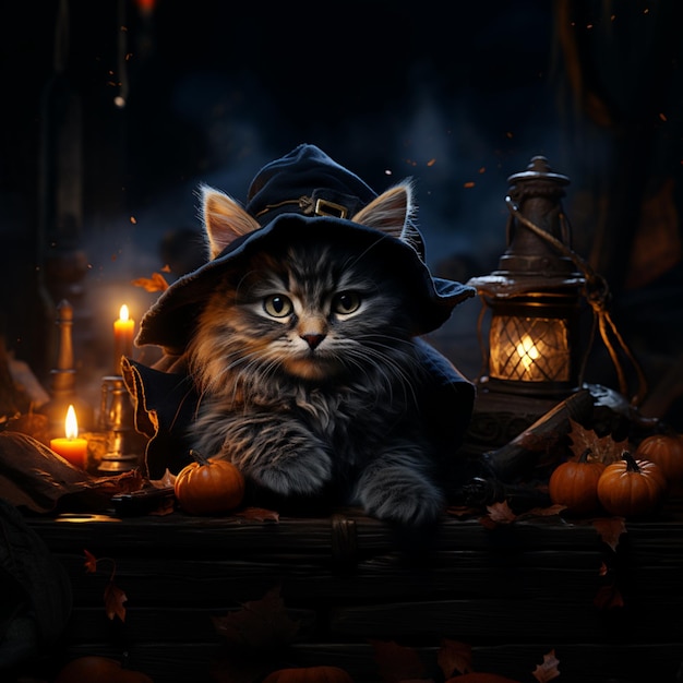 Ai generated an image of a cute realistic witch black cat with blue eyes