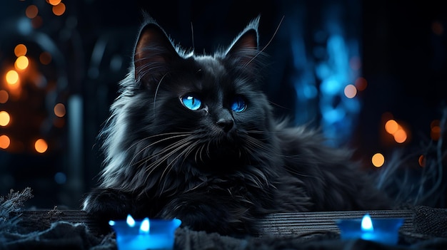 Ai generated an image of a cute realistic witch black cat with blue eyes