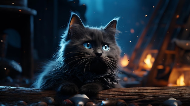 Ai generated image of a cute realistic witch black cat with blue eyes