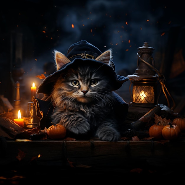 Ai generated image of a cute realistic witch black cat with blue eyes