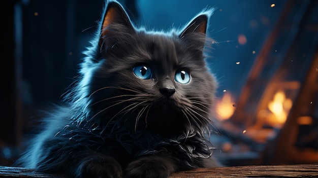 Ai generated an image of a cute realistic witch black cat with blue eyes