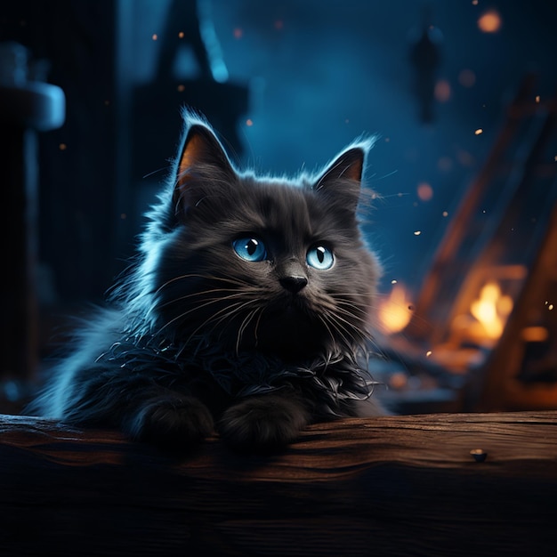 Ai generated an image of a cute realistic witch black cat with blue eyes