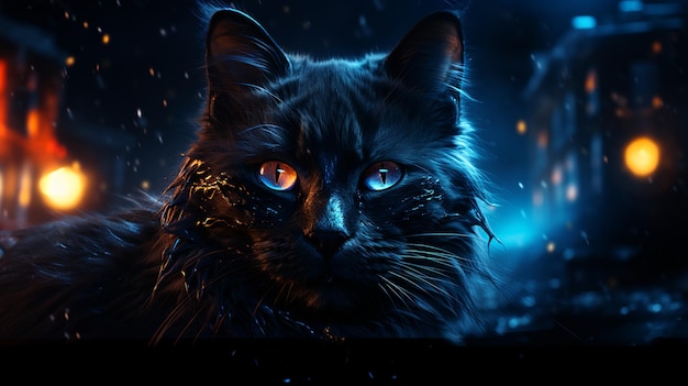 Ai generated an image of a cute realistic witch black cat with blue eyes