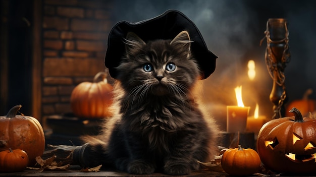 Ai generated an image of a cute realistic witch black cat with blue eyes